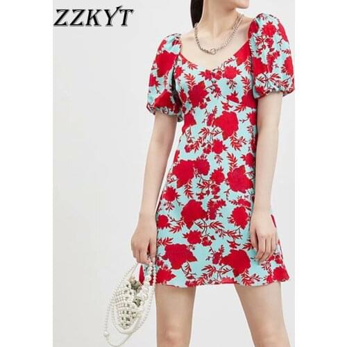 ZZKYT 2021 Women Summer Vintage Floral Print Mini Dress Fashion V-Neck Puff Sleeve Button Female Party Dresses Vestidos Mujer