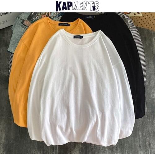 KAPMENTS Men Korean Solid Colorful T-shirts Long Sleeve 2020 Mens Harajuku Streetwear Tshirts Couple Japan Style Loose Clothing