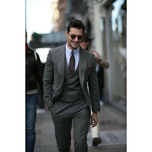 2019 new Smoking Grey Tweed Jacket Men Suit Terno Slim Fit Skinny Tuxedo 3 Piece Groom mens suits Custom Blazer Masculino