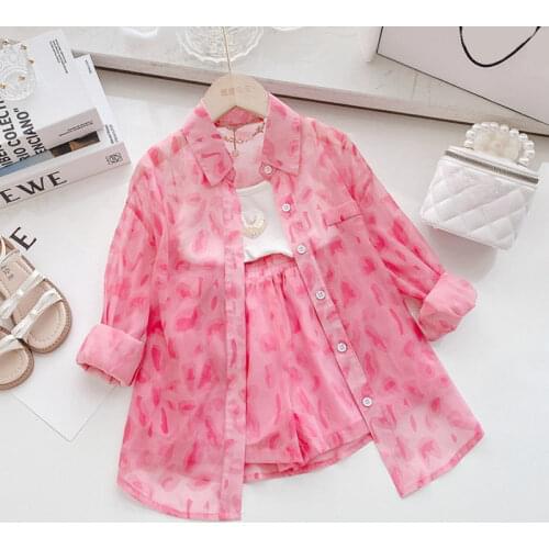 Girls Pink Leopard 3 Piece Clothes Sets Autumn Spring Kids Fashion Love Sling Vest Long Shirts 4-12Y Kids Casual Clothing Suit