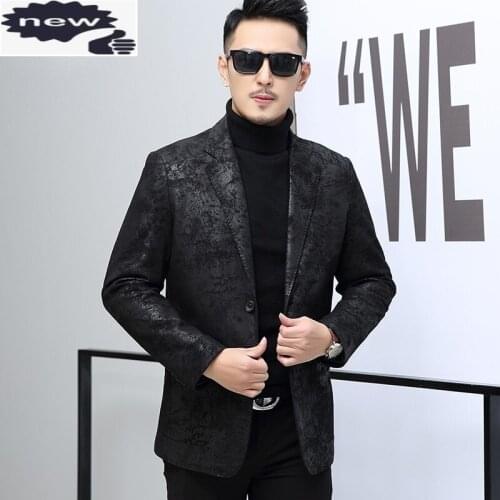 Genuine Leather Formal Coat Men Fashion Spring Autumn Printed Slim Blazer Luxury Wedding Office Black Suit Jacket Plus Size 5XL