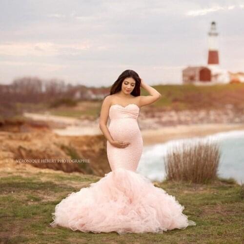 2021 Pink Mermaid Maternity Dresses Sweetheart Strapless Lace Puffy Tulle Bridal Pregnancy Photo Shoot Dressing Gowns