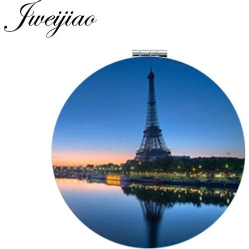 Youhaken Eiffel Tower Makeup Mirror Folding Mini 1X/2X Magnifying Portable Beautiful Scenery Art Photo Round Compact Mirrors