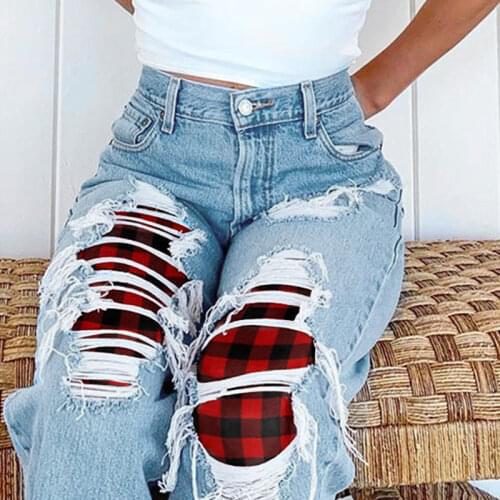 Streetwear Ripped Jeans Trousers Women Casual Ripped Red Plaid Tassel Fashion Jeans Trousers рваные джинсы для женщин