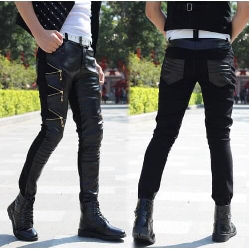 Spring summer personality splice leather trousers mens pants harem pant mens feet trousers fashion pantalon homme street novelty