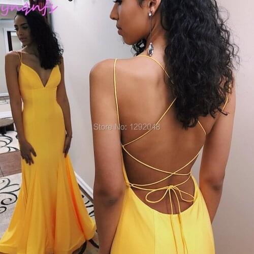 YNQNFS P65 Mermaid Lycra Dress Cross Back Sexy Backless Yellow Prom Dresses 2019