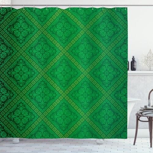 Green Shower Curtain Set Repetitive Pattern of Foliage Artwork Curtain for Bathroom Decor 12 Hooks Decorative Bath Accessory
