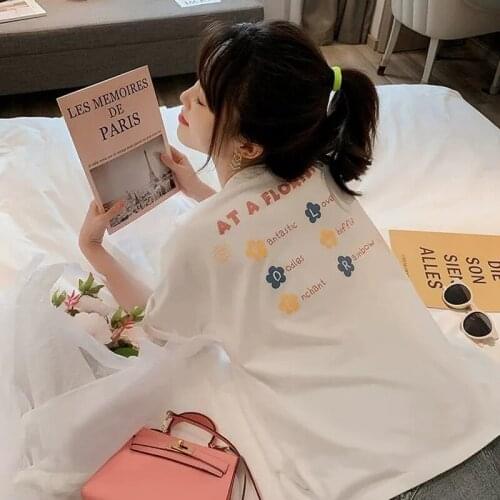 Harajuku Summer 100% Cotton T-shirts Double Sided Small Flower Pattern Women Casual Short Sleeved Loose Oversized T shirt Tops