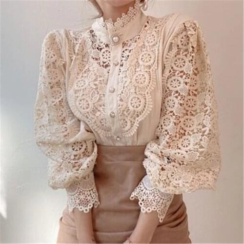 Womens Shirt Lace Patchwork Hollow Out Female Shirts Long Sleeve Elegant Button Korean 2021 Summer Fashion Casual Ladies Tops