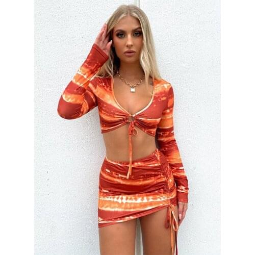 Sexy Tie Dye Print Women Set Summer Long Sleeve V-neck Elegant Crop Top Bodycon Mini Skirts Beach Party Two Piece Set Outfits
