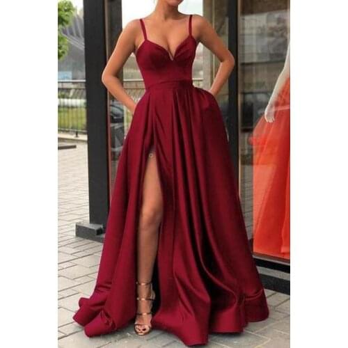 New Arrival Women satin spaghetti strap Evening party maxi Dress Formal Luxury Sexy V-neck Split formal dress Robe De Soiree