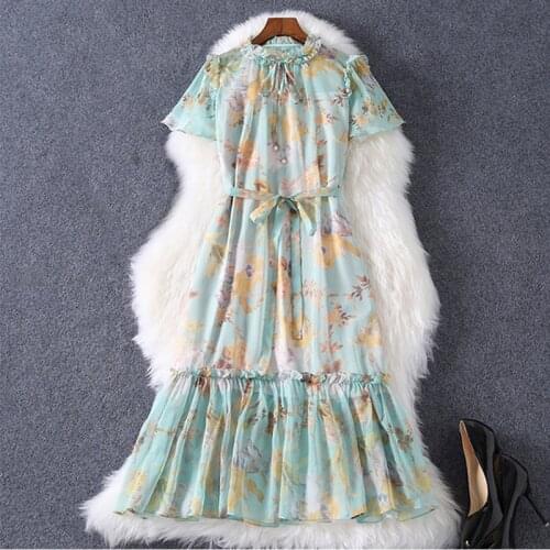 2021 Summer Chiffon Dress Women Belt Flower Printed Ruffles Patchwork A-Line Casual Holiday Party Dress