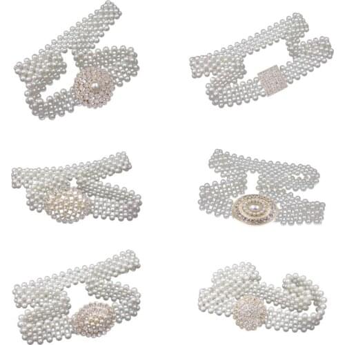 Women Bridal Imitation Pearl Stretch Waist Belt Chain With Rhinestone Buckle Wedding Dress Gown Decorative Jewelry Cummerbunds