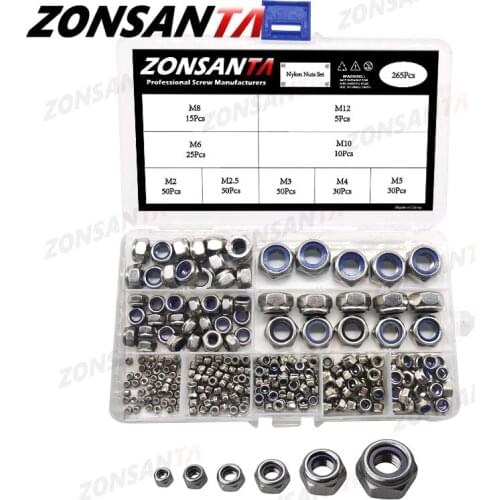 ZONSANTA 265Pcs Nylon Lock Nut M2 M2.5 M3 M4 M5 M6 M8 M10 M12 Hex Hexagon Self LockNut Set Stainless Steel Locking Nuts Kit