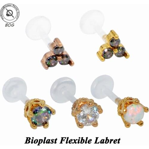 1PC Gold Crown King Bioplast Flexible Push-in Labret Stud Lip Ring Triangle Zircon Ear Cartilage Tragus Helix Piercing Jewelry