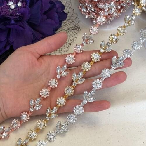 5Yards Sunflower Flower Rhinestones Trim Crystal Metal Chain Welding Webbing For Dress,Bag,Shoes Silver Gold Rose Gold