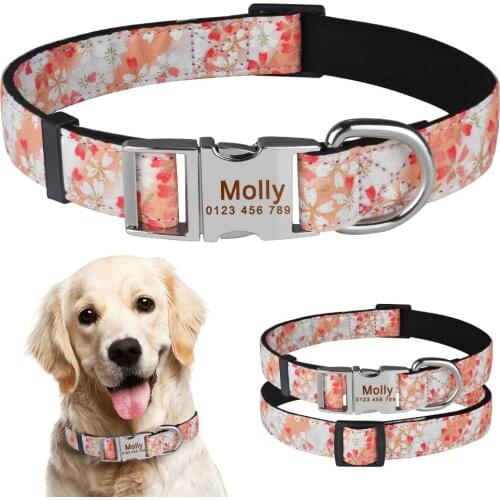 AiruiDog Personalized Dog Collar Durable Nylon Floral Custom Engraved Dogs ID Name XS-L
