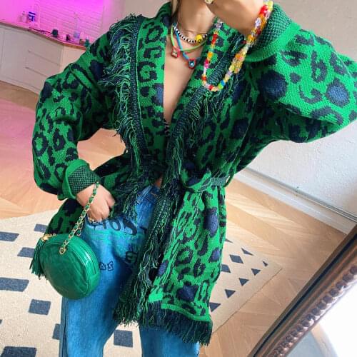 Boho Inspired green leopard embroidery cardigan women fringe hem V-neck cardigan tops winter 2021 cashmere bohemian coat outwear