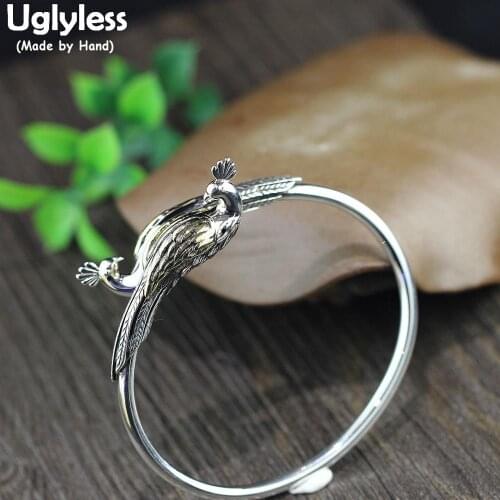 Uglyless Handmade Animals Lively Peacocks Bangles for Women Exotic Thai Silver Phoenix Open Bangle Real 925 Silver Jewelry BA678