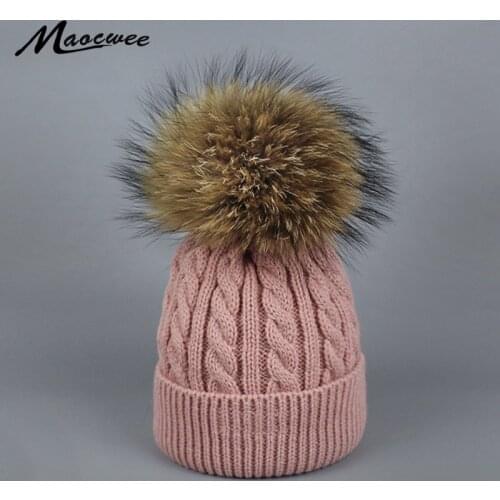 Children Knitted Casual Beanies Cap Real Raccoon Fur Pompom Hat Cap Solid Boy Girl Big Pom Pom Hat Unisex Warm Ski Hats Bones