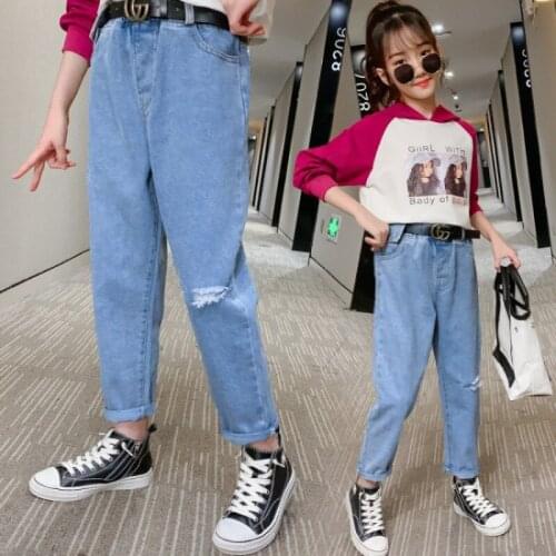 Children TrousersTeen Student Girls Jeans Kids Denim Pants Casual Jeans for Girls Pants Girls Elastic Waist Outside pants