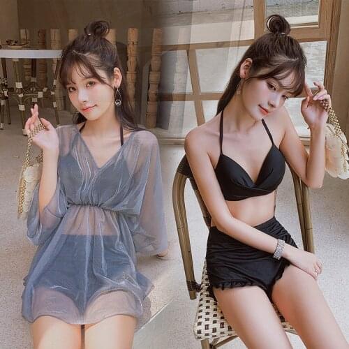Fashion swimming suit womens three piece set students hot spring small fragrance conservative cover belly sexy slim swimsuit