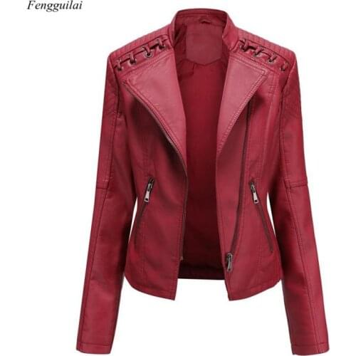 Collar Pu Faux Leather Women Luxury Jacket Black Pink Red Biker Coat
