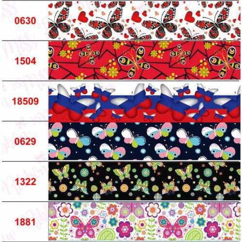 16mm-75mm Colorful Butterfly Series Love Heart Flower Printed Grosgrain/Elastic Ribbon DIY Hair Bowknots Gift Pack 50yards/roll