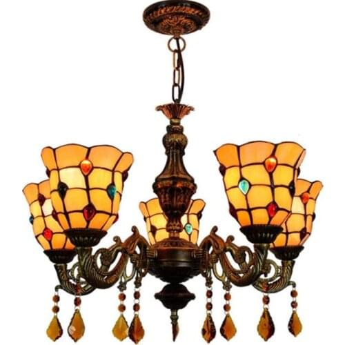 5 Heads European Yellow Glass Pendant Light for Foyer Dining Room Restaurant Bar Vintage Classical Glass Suspension 1201
