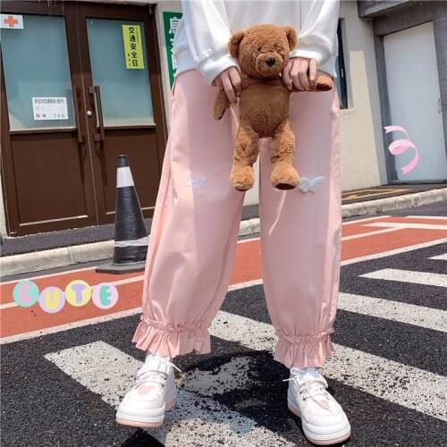 Japanese Style Kawaii Women Pants Sweet Girly Loose High Waist Cartoon Embroidery Lace Casual Trousers StudentS Harem Pant 2021