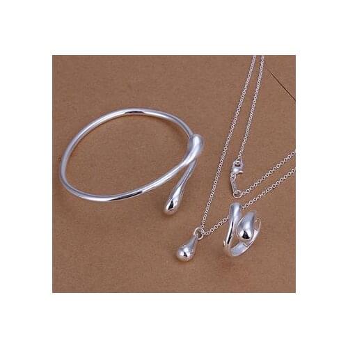 Fashion Wedding Bridal Jewelry Set N925 Stamped Silver color Water Drop Bracelets + Necklace + Rings + Sets for Women