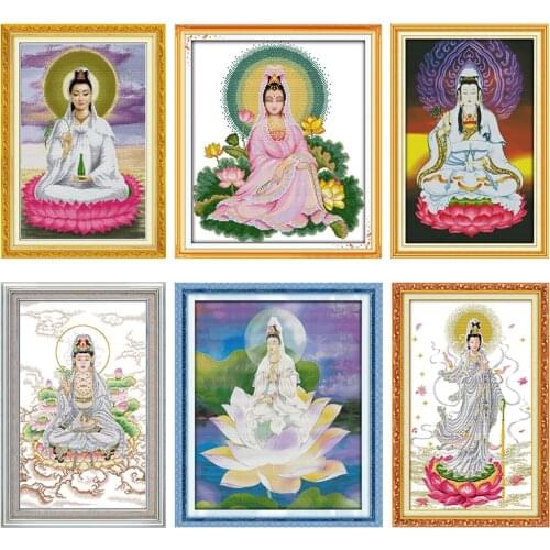 Embroidery Needlework Kit Cross Stitch Guanyin Sitting on A Lotus Counted Thread Patterns Crafts Decor Stamped 11CT 14CT Printed