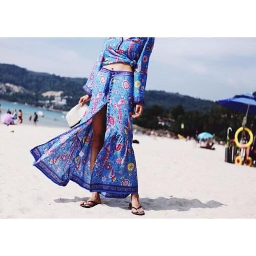 New Floral Print Bohemia Holiday Style Women Skirt Boho Hippie Summer Beach Sexy Peacock Blue Wrap Tie Long Skirts