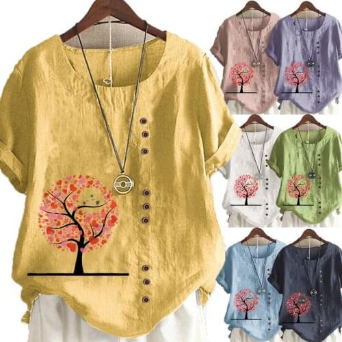 New Women Summer Casual Tree Print Loose T-shirts Vintage Round Neck Plus Size Short Sleeve Blouse Tops S-5XL