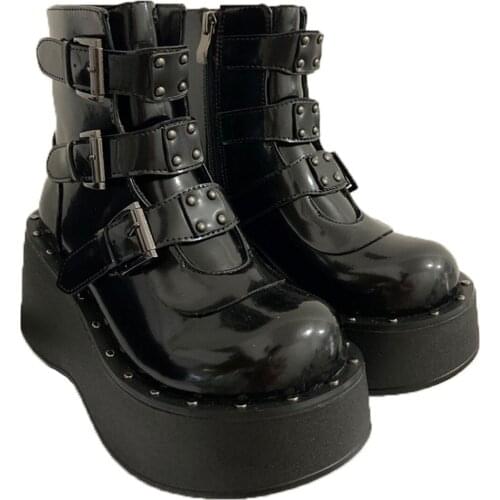 Autumn Winter Womens Black Ankle Boots Big Round Toe Buckles Punk Thick Sole Rivets Shoes A1