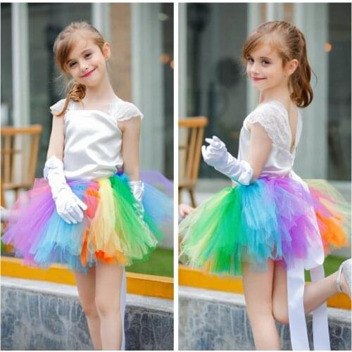 Flower Girls Tutu Dress with Satin Top Lace Strap Rainbow Colorful Kids Girls Prom Ball Gown Wedding Party Dresses