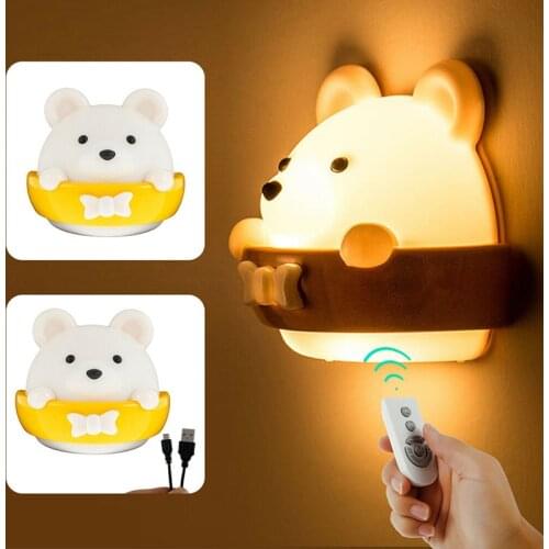 1pc Kids Baby Bedroom Bedside Wall Lamp With Remote Control USB Cable Dimmable LED Little Bear Night Light Indoor Lighting