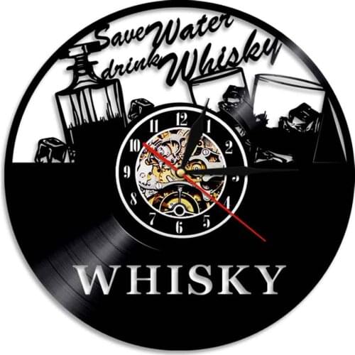 Save Water Drink Whisky In Cup With Ice Vinyl Record Wall Clock for Dining Room Kitchen Bar Album Decor Beer Wine Wall Watch