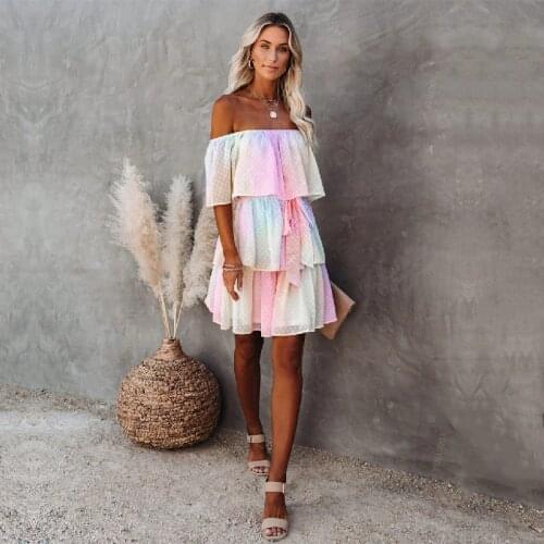 High Quality Bohemian Rainbow Slash Neck High Waist Summer Mini Dress Chiffon Tunic Women Sexy Off the Shouder Party Dress 2021