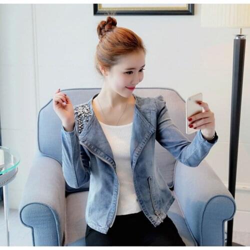 2021 Spring Autumn New Denim Jacket Women Short Long-Sleeved Stretch Small Suit Cowboy Coat Lady Beaded Jeans Top Female A251