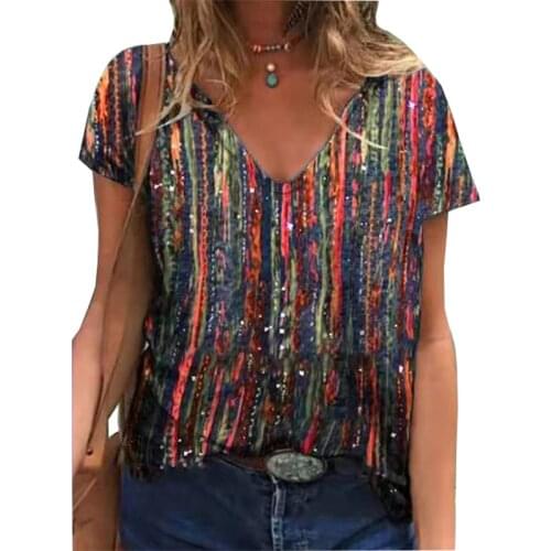 5XL Summer Gradient Striped Print Women T Shirt 2021 New Streetwear Casual Short Sleeve V-Neck Loose Tops Oversized Ladies Tee