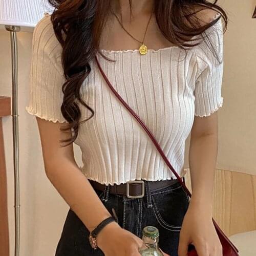O Neck Ruffles Short Sleeve T Shirt Women Summer Casual Button Crop Top Basic Blue Pink T Shirt Tops