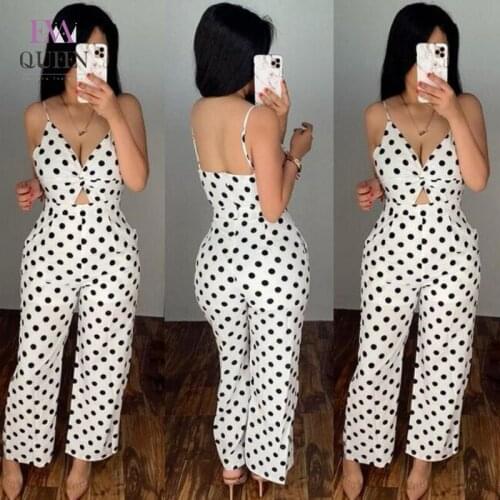 EvaQueen Polka Dot Hollow Out Jumpsuit Women Spaghetti Strap Soft Loose Fit Pants Set Backless V Neck Sexy Party Ensembles Femme