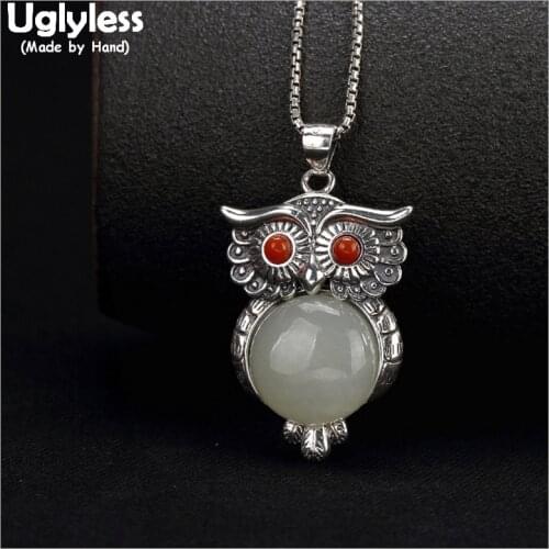Uglyless 100% Real Solid 925 Sterling Silver Handmade Owl Pendants Fine Jewelry for Women Natural Jade Necklaces NO Chains Agate