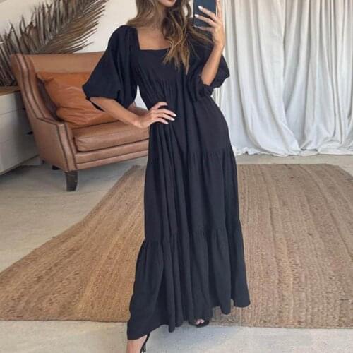 Women Dress Puff Sleeve Ruffles Hem Summer Back Lace-up Square Neck Patchwork Dress for Dating
