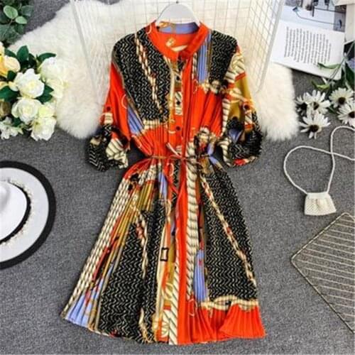 2020 European American style geometric picture print totem shirt lapel collar waist belt pleated loose plus size dress 910