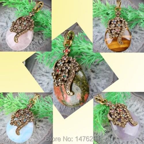 31X42MM Rose Pink Quartz Tiger Eye Purple Crystal Teardrop Bead Gem Crystal Alloy Pendant 1PCS