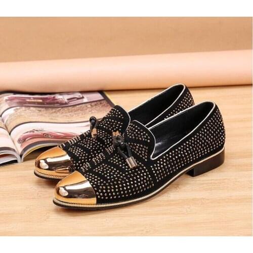 2020 Fashion Casual Formal Shoes For Men Black Genuine Leather Tassel Men Wedding Shoes Gold Metallic Mens Studded Loafers