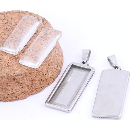 5pcs Fit 10x25mm Cabochon Pendant Base Setting Trays With Matching Glass Diy Charm Necklace Bezel Blanks For Jewelry Making