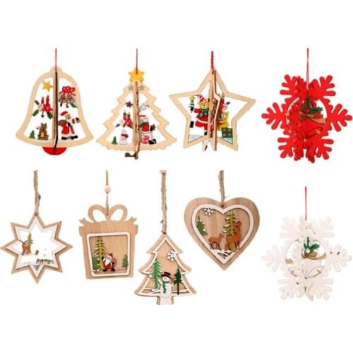 New Year 9PCS 3D Christmas Ornament Wooden Hanging Pendants Star Xmas Tree Bell Christmas Decorations for Home Navidad